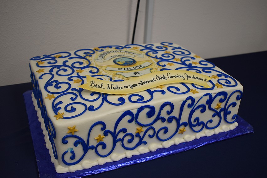 The town presented Pete Cumming with this cake during his retirement ceremony.