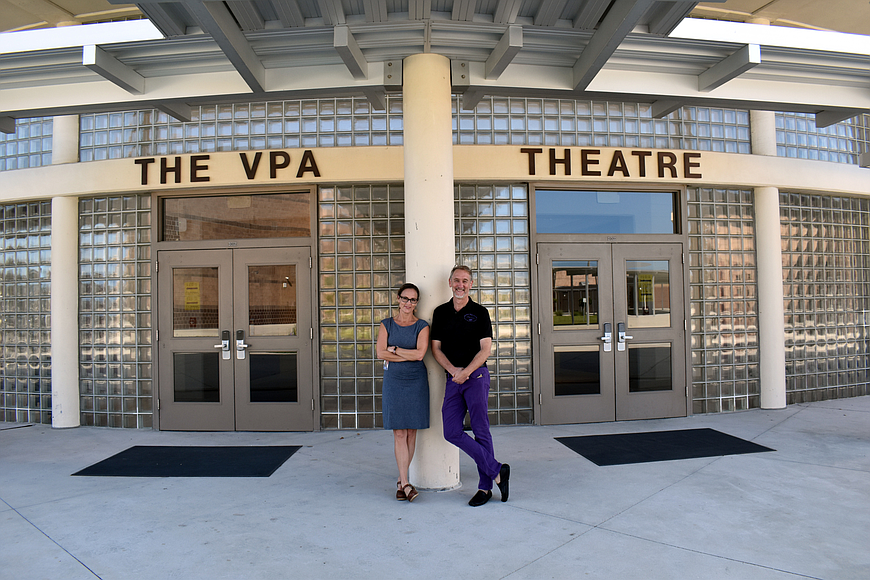VPA Director Rebecca Abrahamson and VPA Theatre Chairman Scott Keys stand where a new lobby could be added.