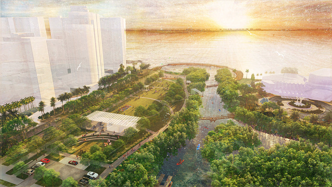 Plans for the ten-acre first phase of the park project include an open space events lawn and a spiral boardwalk that extends to the south side of Boulevard of the Arts. File image.