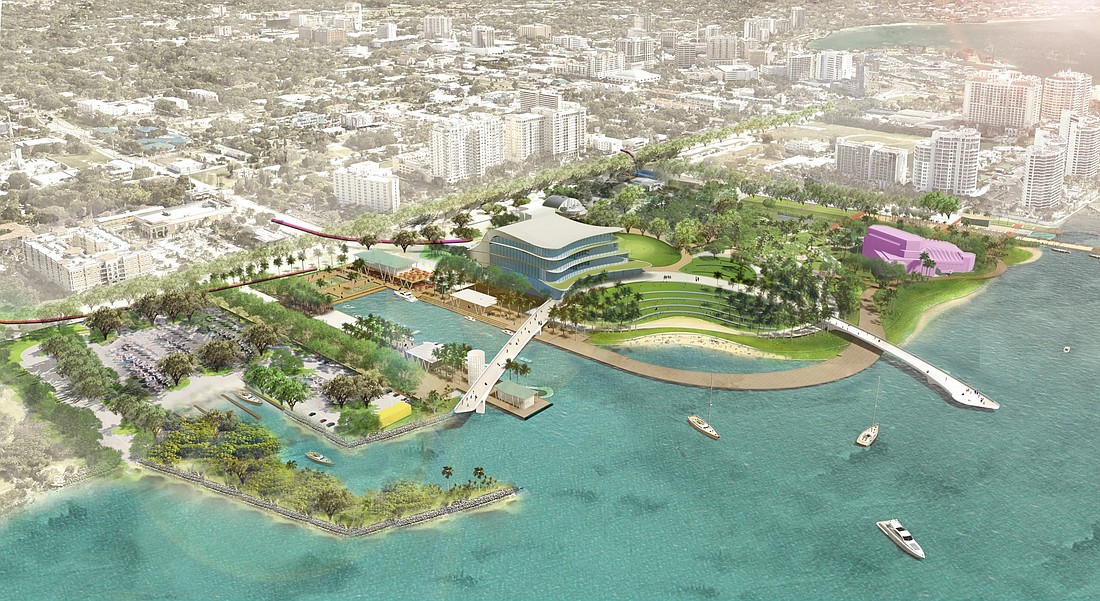 In this concept plan for The Bay park project, the Sarasota Performing Arts Center sits just south of 10th Street, adjacent to a canal and a large, wishbone-shaped pier above the water. Image courtesy Van Wezel Foundation.