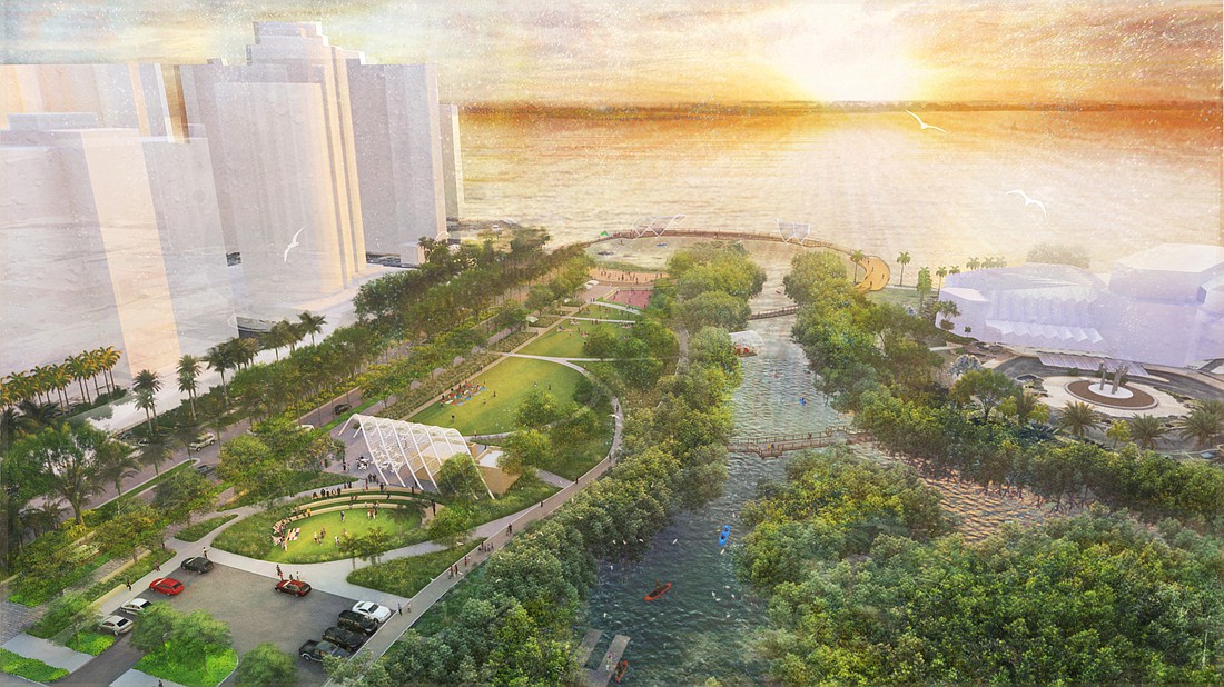 With a funding deal in place, The Bay Sarasota will now move to gain city approval for the proposed first phase of the park project, a 10-acre site north of Boulevard of the Arts. Image courtesy The Bay Sarasota.