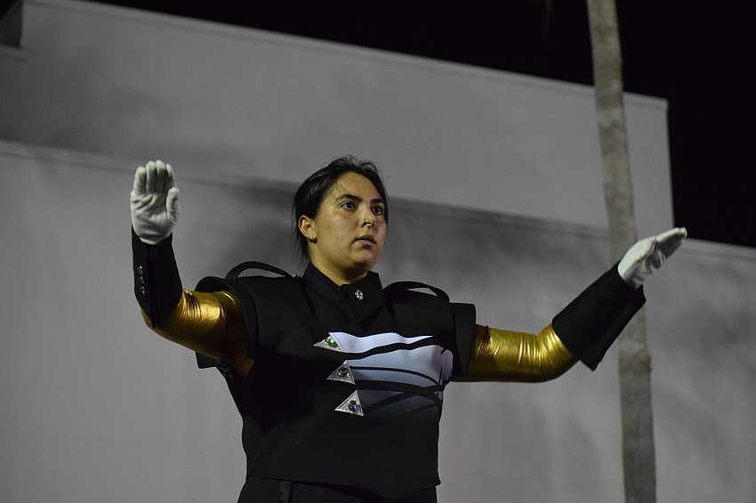 Gianna Hagopian leads the band as one of the three drum majors. “It’s a little disappointing [to not compete], but it’s also nice that we actually have a season,” Hagopian says.