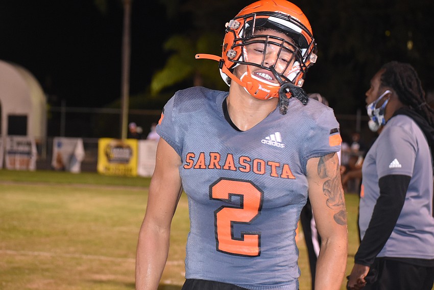 Sarasota senior Dom Bennett lets out his frustration after the Sailors' offense recorded another first-half three-and-out. The offense got going in the final two minutes of the half.