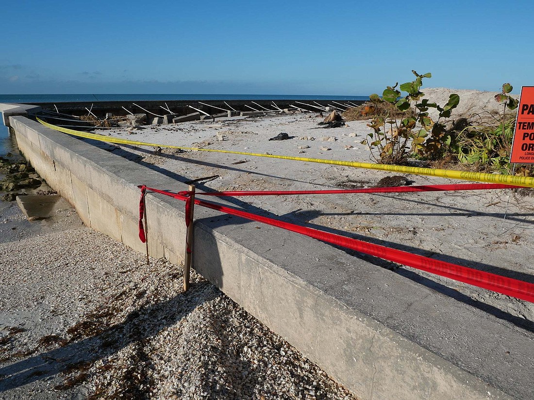 The town closed off an area of the beach near Gulf of Mexico Drive and Gulfside Road. It will remain roped off until the seawall is repaired.