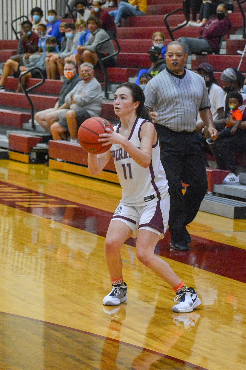 Braden River's Ellie DiGiacomo fires a first-half three-pointer. She finished with nine points.