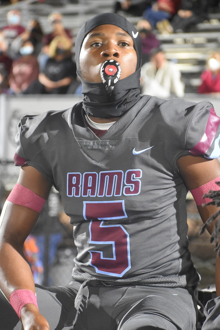 Riverview cornerback James Simmons sucks on his mouthguard after intercepting a Lennard pass late in the first quarter.