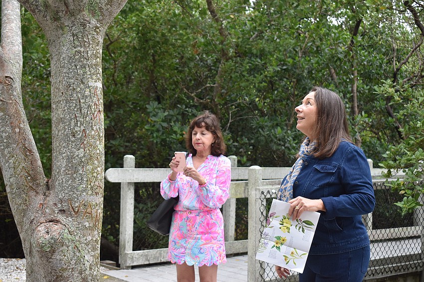 Kathryn Carr checks which tree she and Zelia Trueb are looking at now. It turned out to be carob.