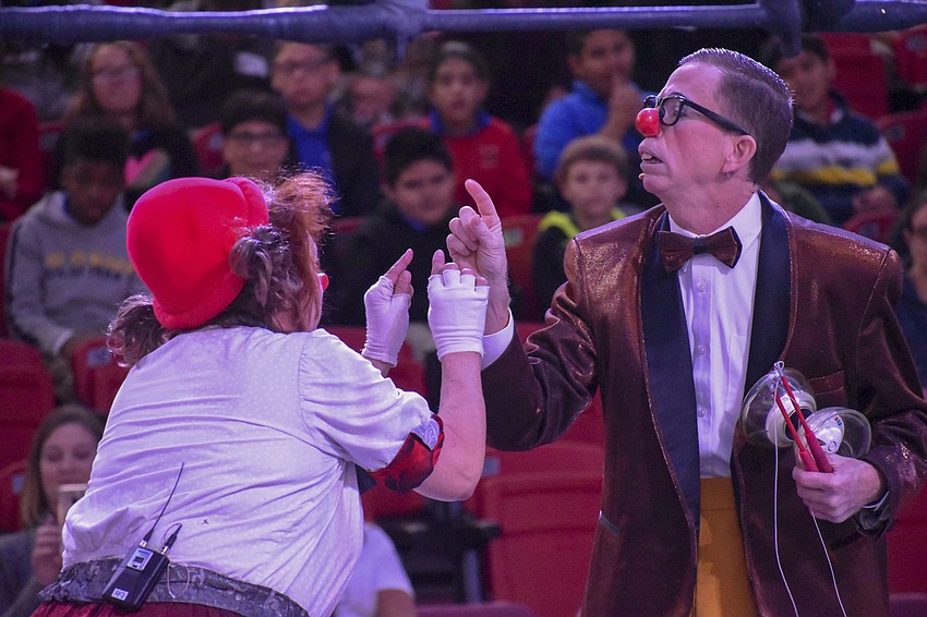 Jan. 30: Karen Bell tells Bucky the Clown, as played by Chris Allison, not to touch the Circus Conservatory's Circus Science Machine.