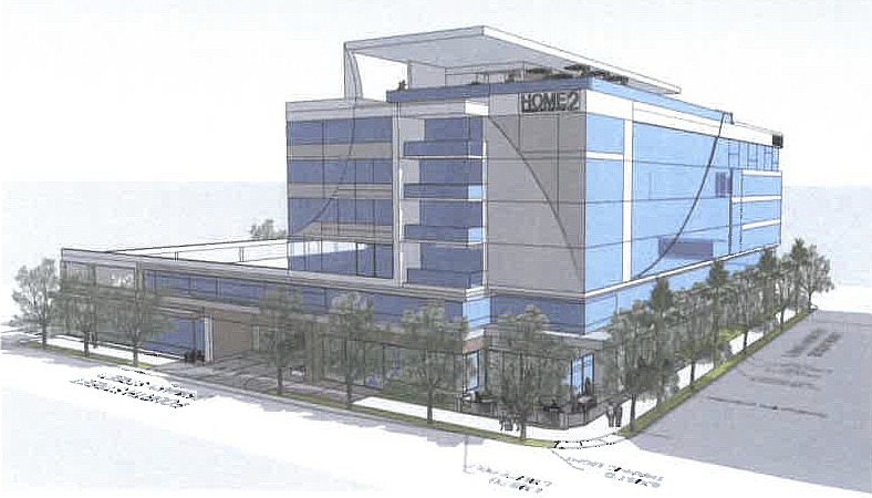 A concept rendering included with the application material shows the proposed facade of the hotel along Fourth Street and Lemon Avenue. Image via city of Sarasota.