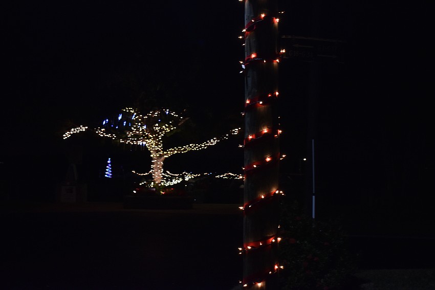 The lightpoles of the neighborhood were decorated with red and white lights.