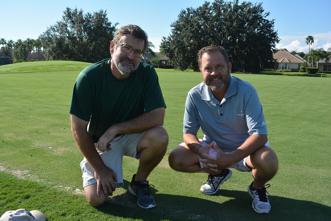 Former Legacy Golf Club co-owners Jon Whittemore and Kevin Paschall stand in front of a resurfaced green in 2018. They sold it to the Heritage Golf Group on March 13, 2024.