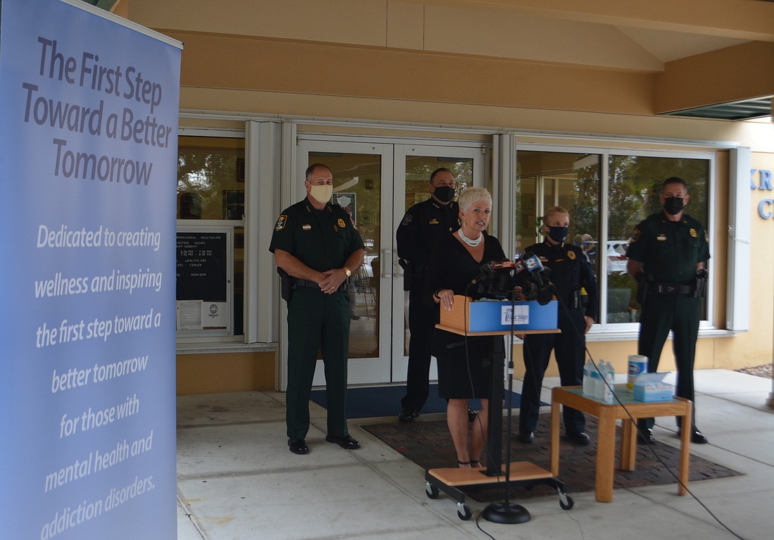 First Step CEO Gwen MacKenzie discusses the Behavioral Health Response Team program during a press conference on Tuesday, Dec. 15, at the Kreisman Center Crisis Stabilization Unit.