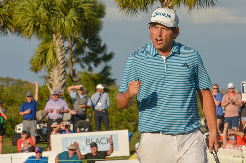 FEBRUARY — Andrew Novak pumps his fist after sinking a putt to win the 2020 LECOM Suncoast Classic on Feb. 16 at Lakewood National Golf Club. Novak, then-24, finished 23 under par to take home the $108,000 purse.