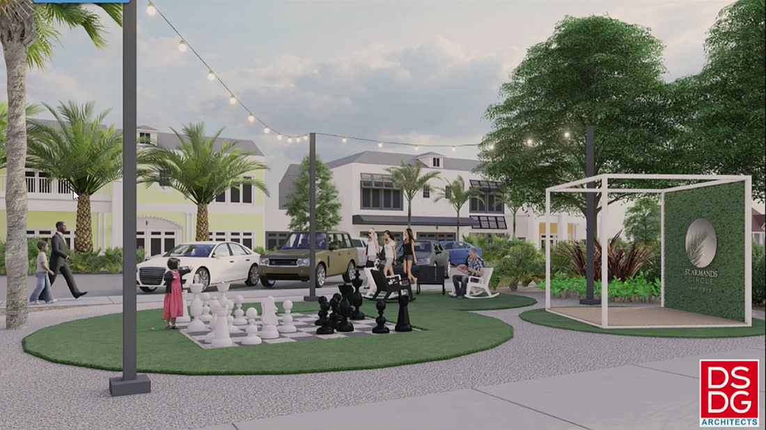 At a Nov. 18 meeting, Dan Lear of DSDG Architects presented a concept image depicting the proposed design of a parklet on St. Armands Circle. Amenities include a stage, rocking chairs and lighting. Image via city of Sarasota.