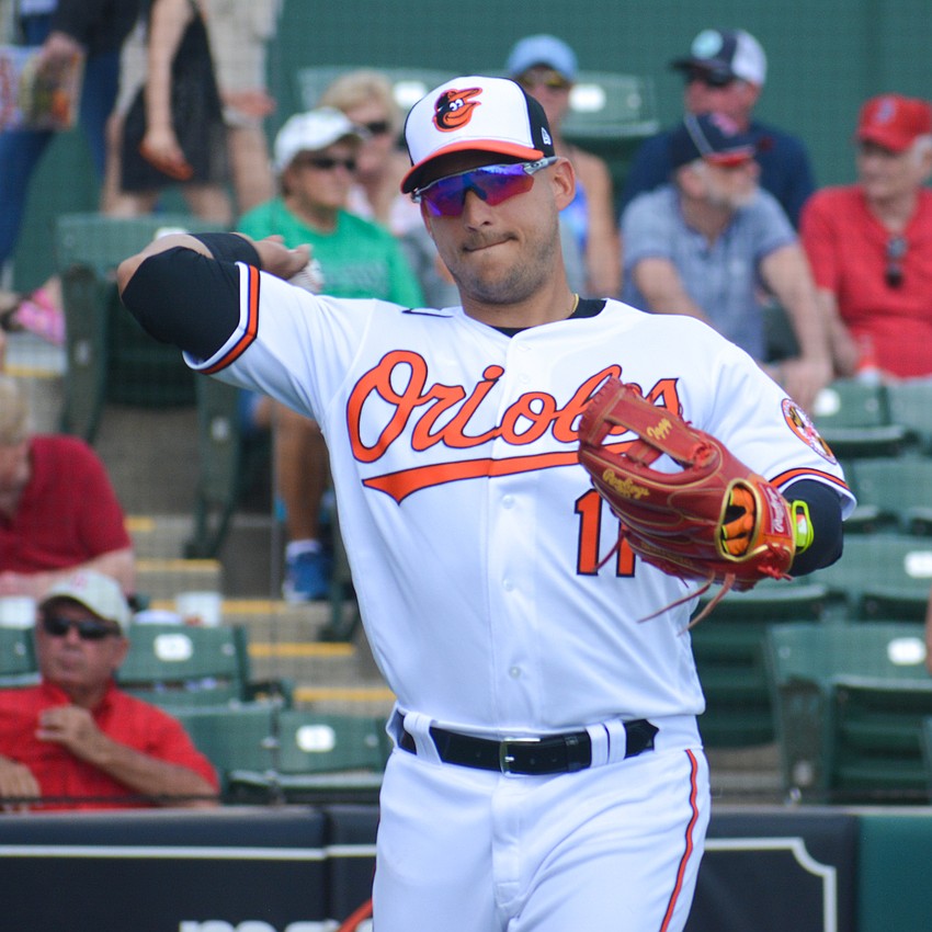 Baltimore Orioles shortstop Jose Iglesias tosses a ball to first base before a spring training game at Ed Smith Stadium. The Orioles played 16 spring training games this year before the sport was shut down.