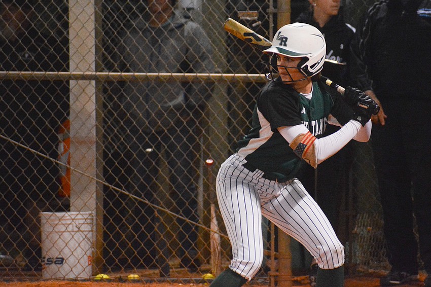 FEBRUARY — Lakewood Ranch High senior softball first baseman Avery Goelz waits for her pitch during a game against Lake Region High on Feb. 28. The Mustangs won the game 9-0.