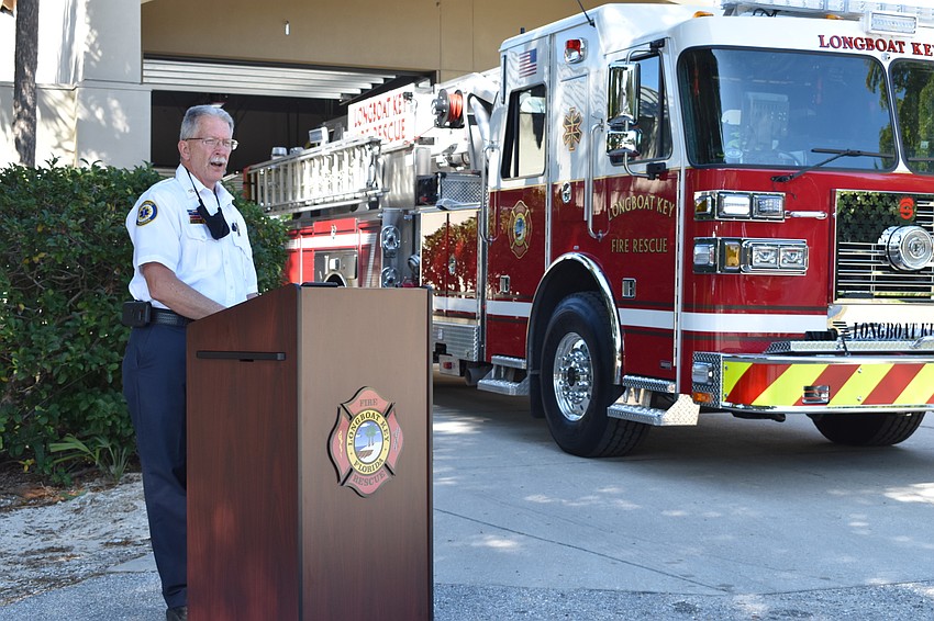 Longboat Key Fire Rescue Deputy Chief Chris Krajic spoke during Monday afternoon's fire truck dedication ceremony.