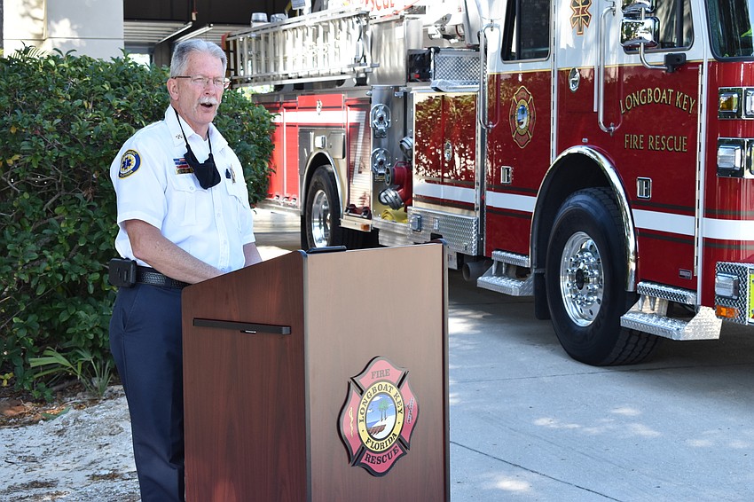 Longboat Key Fire Rescue Deputy Chief Chris Krajic spoke during Monday afternoon's fire truck dedication ceremony.
