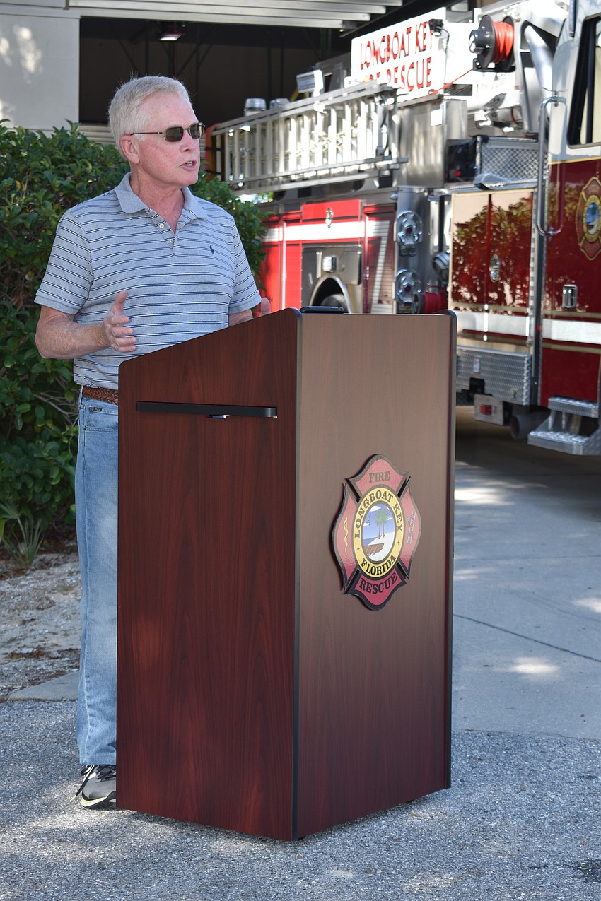 Longboat Key Mayor Ken Schneier spoke during Monday afternoon's fire truck dedication ceremony.