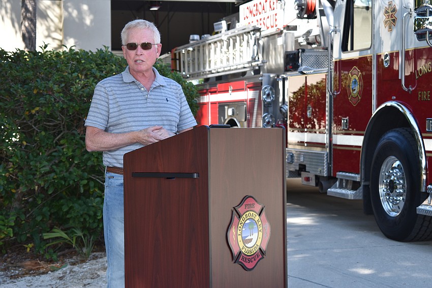 Longboat Key Mayor Ken Schneier spoke during Monday afternoon's fire truck dedication ceremony.