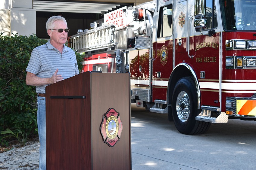 Longboat Key Mayor Ken Schneier spoke during Monday afternoon's fire truck dedication ceremony.