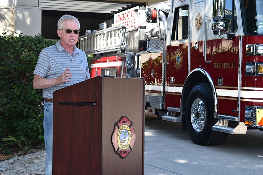 Longboat Key Mayor Ken Schneier spoke during Monday afternoon's fire truck dedication ceremony.