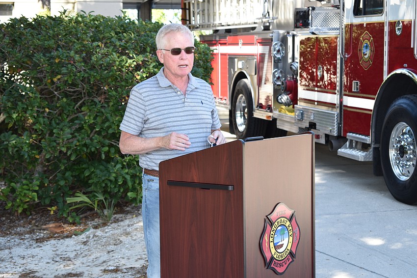 Longboat Key Mayor Ken Schneier spoke during Monday afternoon's fire truck dedication ceremony.