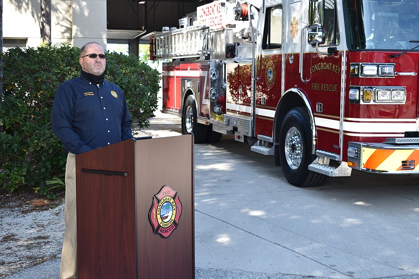 Longboat Key Town Manager Tom Harmer spoke during Monday afternoon's fire truck dedication ceremony.