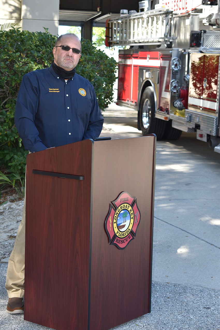 Longboat Key Town Manager Tom Harmer spoke during Monday afternoon's fire truck dedication ceremony.