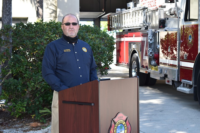 Longboat Key Town Manager Tom Harmer spoke during Monday afternoon's fire truck dedication ceremony.