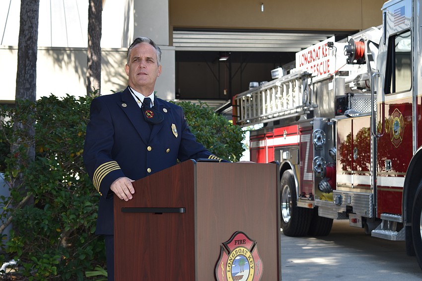 Longboat Key Fire Chief Paul Dezzi spoke during Monday afternoon's fire truck dedication ceremony.