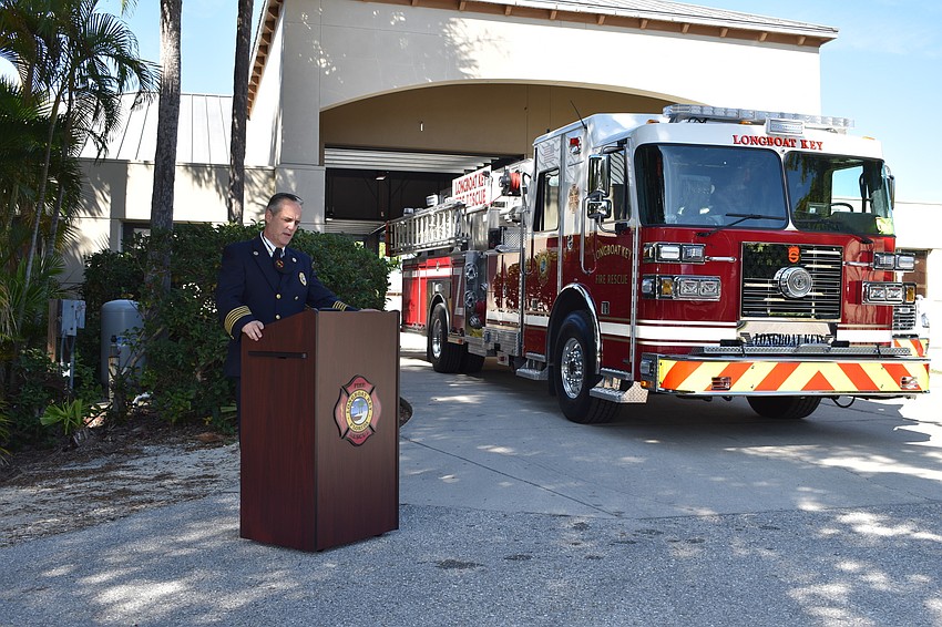 Longboat Key Fire Chief Paul Dezzi spoke during Monday afternoon's fire truck dedication ceremony.