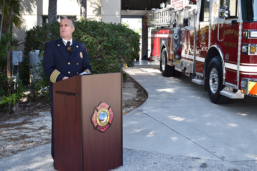 Longboat Key Fire Chief Paul Dezzi spoke during Monday afternoon's fire truck dedication ceremony.