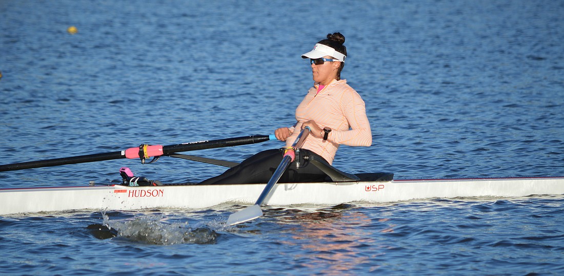 USRowing Olympic hopeful Michalina Fili practices rowing at Nathan Benderson Park. Excluding athletes who are training for the Olympics, very few rowers are coming to Nathan Benderson Park this winter. (Courtesy of SANCA)
