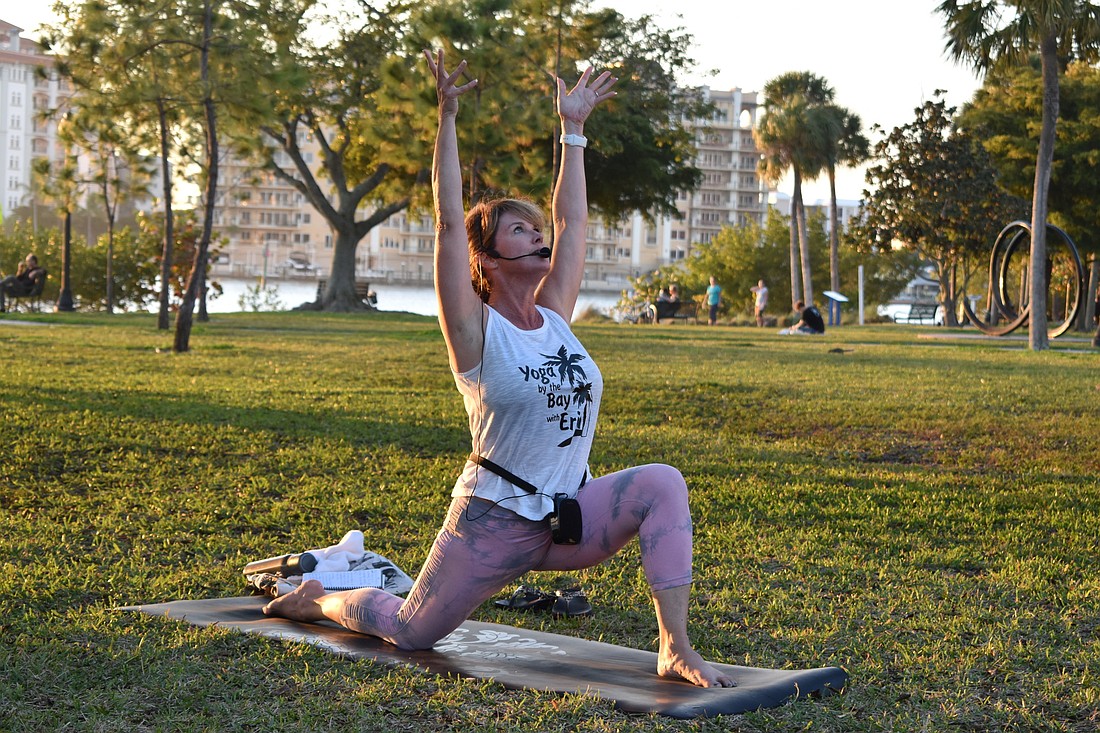 Since May 2020, Erin Hurter has offered free yoga classes on Tuesday evenings at Bayfront Park in Sarasota.