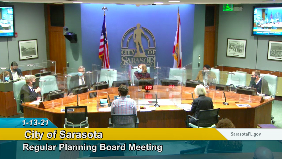 The Planning Board is holding hybrid meetings where a majority attends in person, but two members participate remotely. The city said access to hybrid meetings is dependent on staff availability. Image via city of Sarasota.