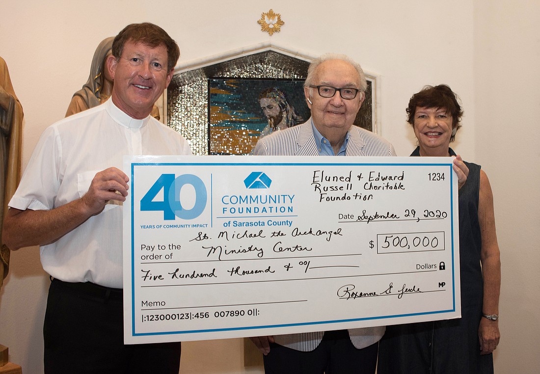 Parishioners Patty Smith and Maurice Dinneen on behalf of the Eluned & Edward Russell Charitable Foundation at the Community Foundation of Sarasota made a donation of $500,000 to kick start the campaign.Â