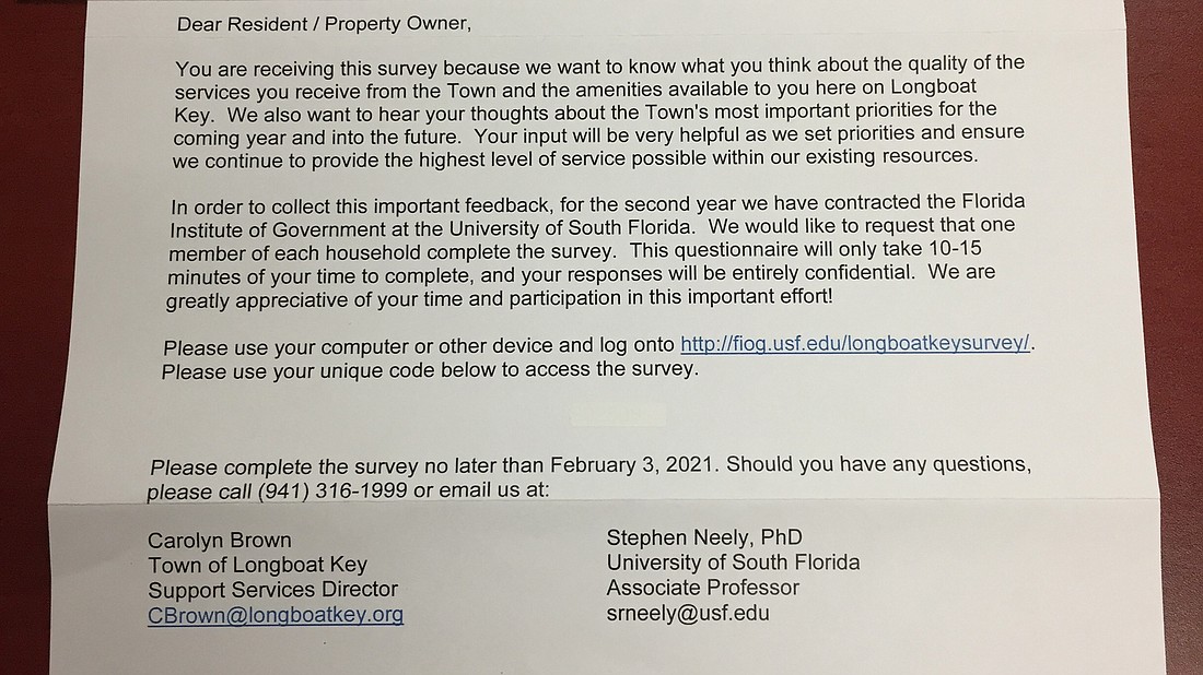 Longboat Key sent this letter in the mail with a special code for residents to fill out the annual citizen survey online. Photo courtesy of the town of Longboat Key.
