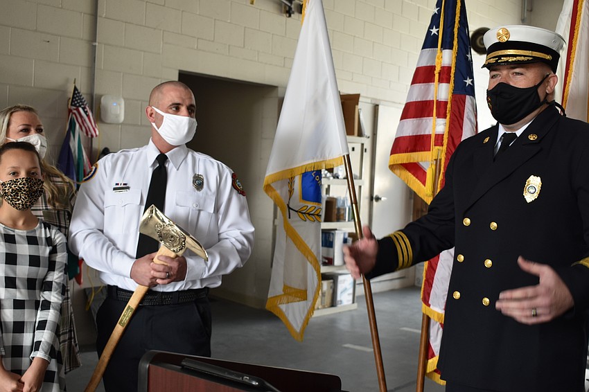 Newly-promoted Assistant Chief Bryan Carr recalled a water rescue story where Matt Taylor broke his kneecap.