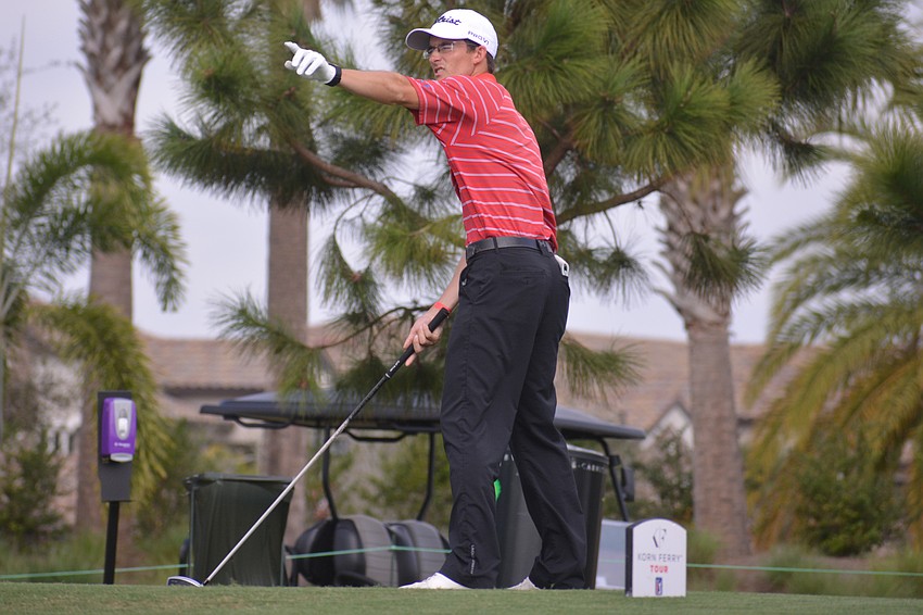 Michael Colgate calls his shot on the No. 1 hole at Lakewood National. Colgate would bogey the hole.