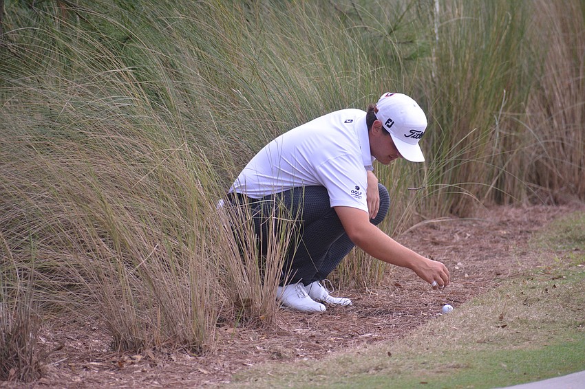 John VanDerLaan brushes grass and leaves away from his ball, which landed outside the ropes on the No. 1 hole. VanDerLaan would par the hole.