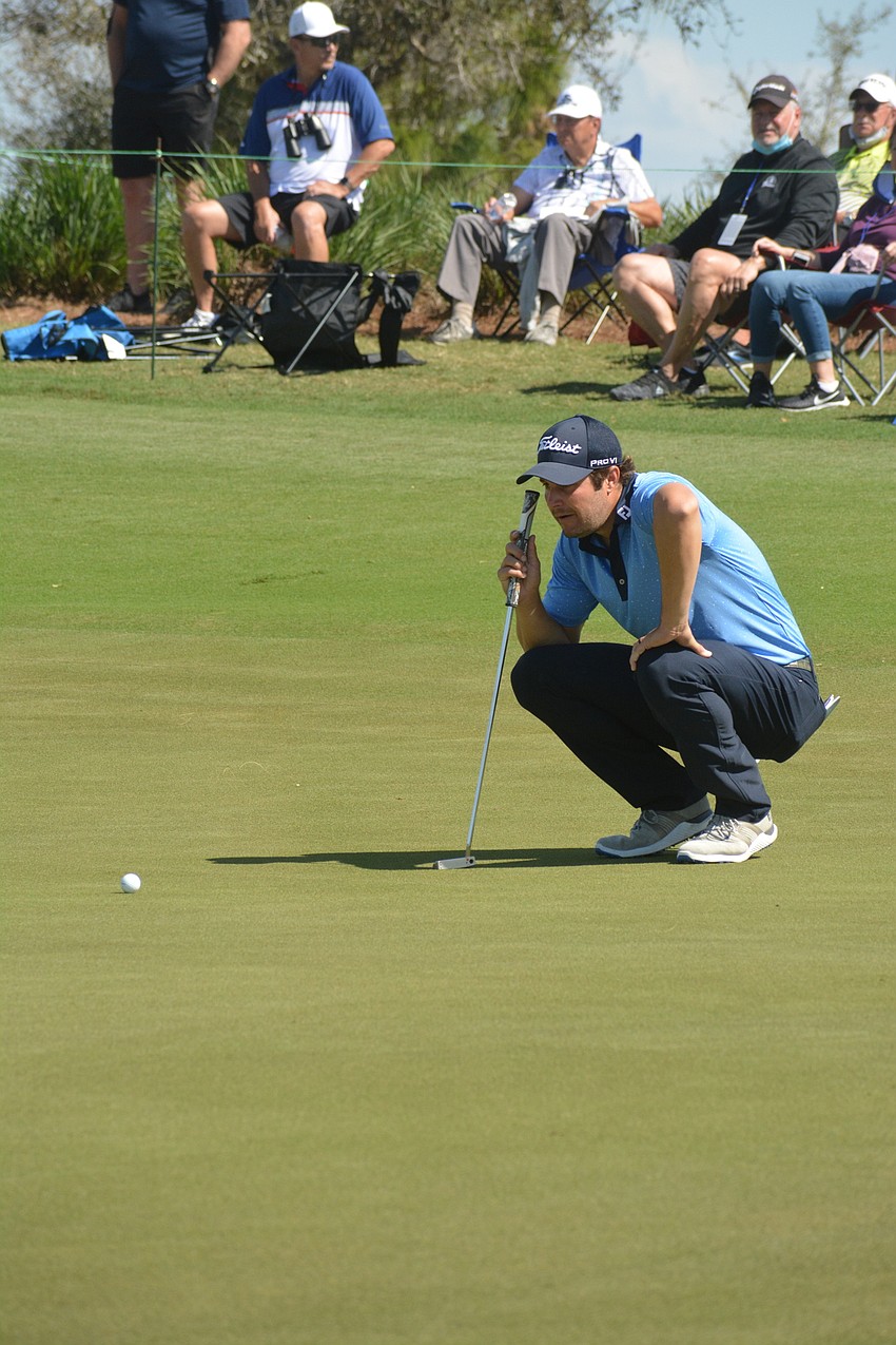 Peter Uihlein stares down his putt on the No. 17 hole at Lakewood National Golf Club. Uihlein would par the hole and finish six over par on the day, even par for the tournament.