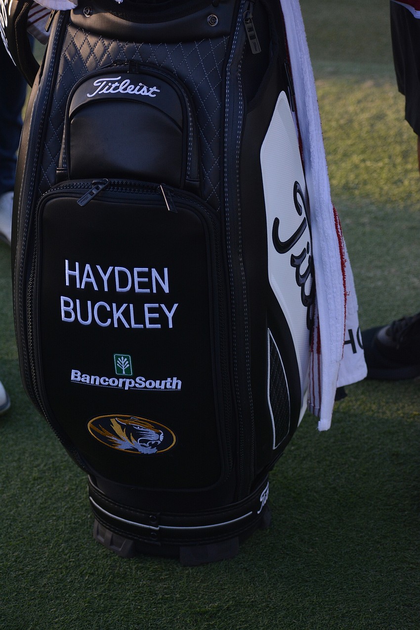 Hayden Buckley, a graduate of the University of Missouri, reps his alma mater on his golf bag.