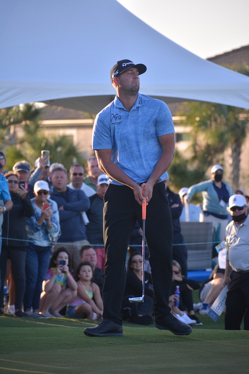 Taylor Montgomery reacts after he missed a birdie putt during the three-person playoff at the 2021 LECOM Suncoast Classic.