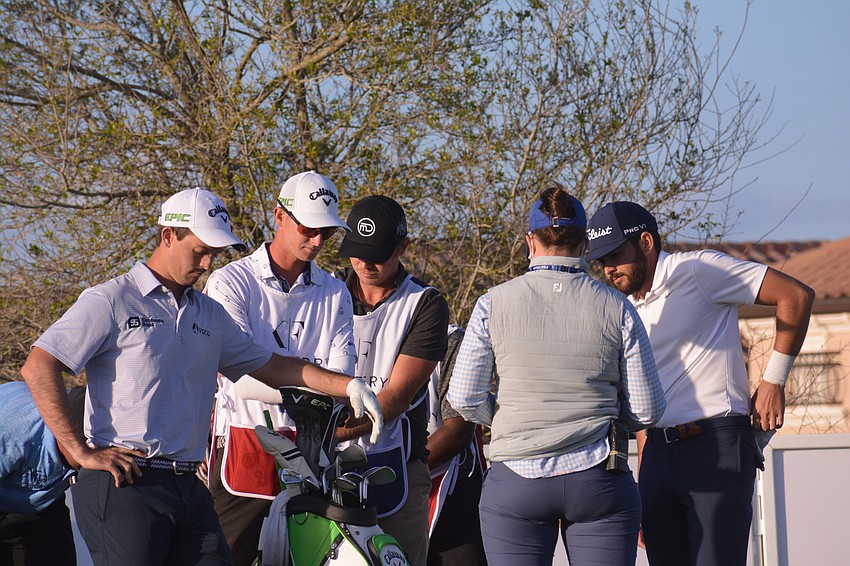 The golfers get read the rules prior to the three-person playoff at the 2021 LECOM Suncoast Classic.