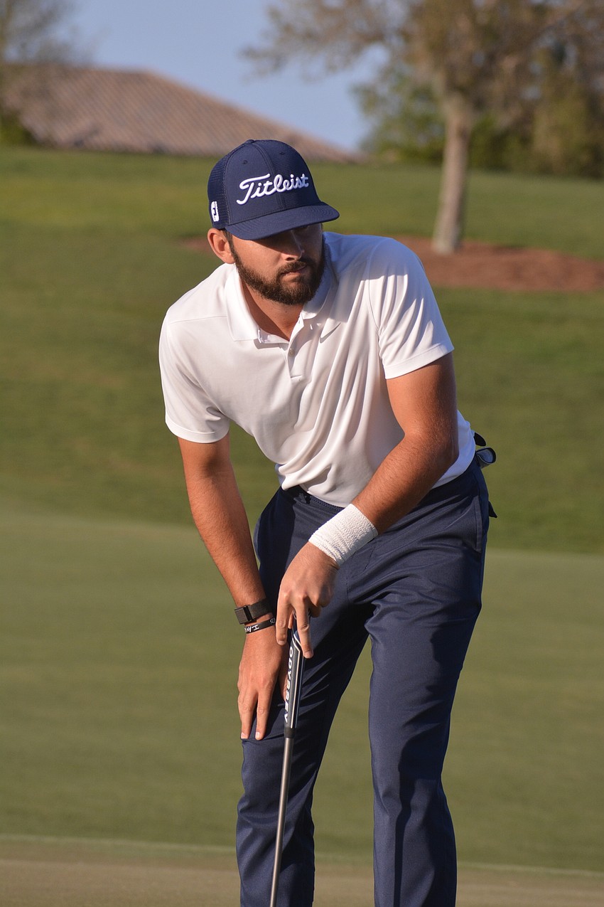 Hayden Buckley missed a birdie putt on the No. 18 hole at the 2021 LECOM  Suncoast Classic, but par was enough to get him in a three-person playoff. He would win the playoff.