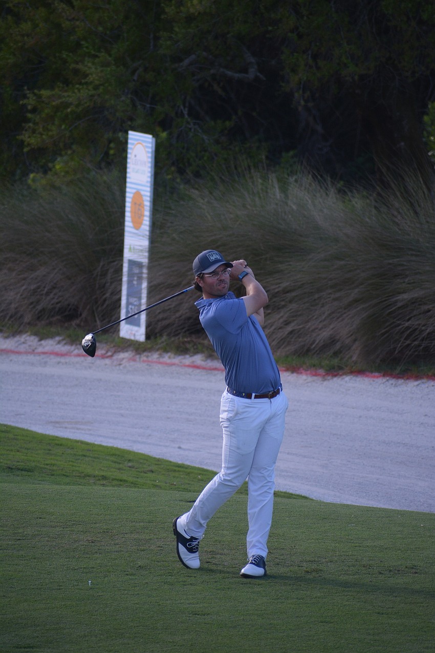 Billy Kennerly takes his tee shot on the No. 16 hole at the 2021 LECOM Suncoast Classic. He would par the hole, then go three over par on the next two holes. He finished 12 under par.