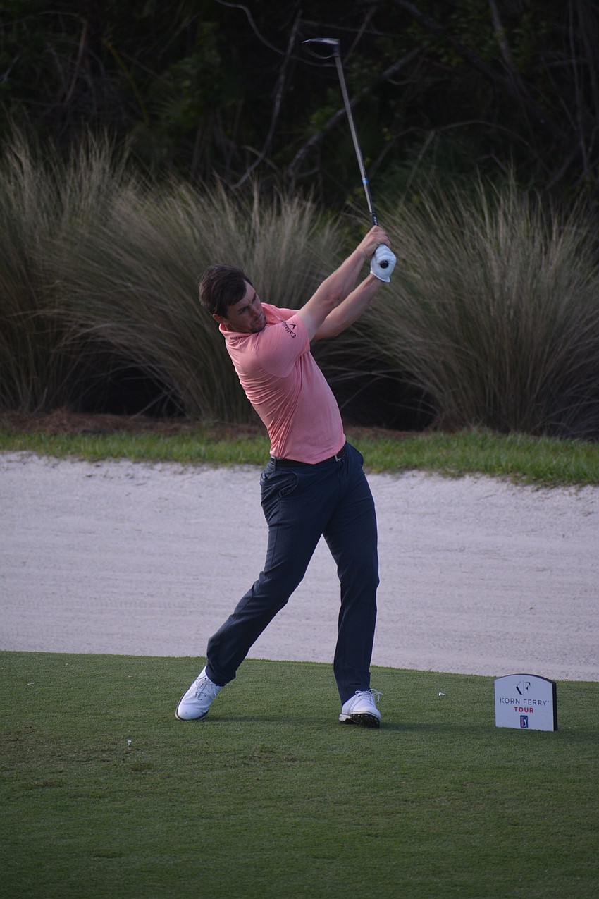 Ollie Schniederjans hits his tee shot on the No. 16 hole at the LECOM Suncoast Classic. He finished eight under par for the tournament.