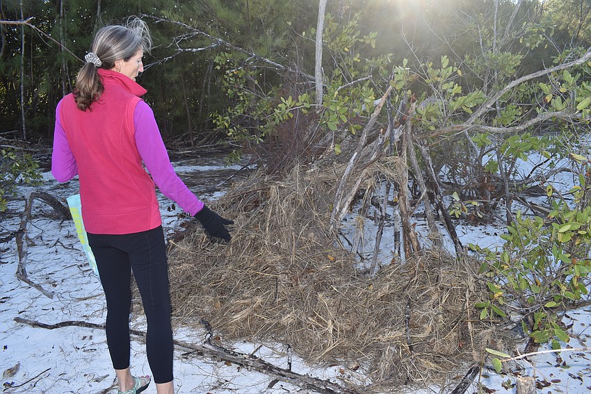 Cyndi Seamon documents a lean-to, prohibited as camping on Greer Island is prohibited.