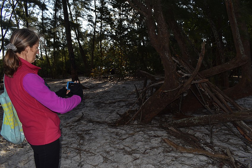 Cyndi Seamon documents a lean-to, prohibited as camping on Greer Island is prohibited.